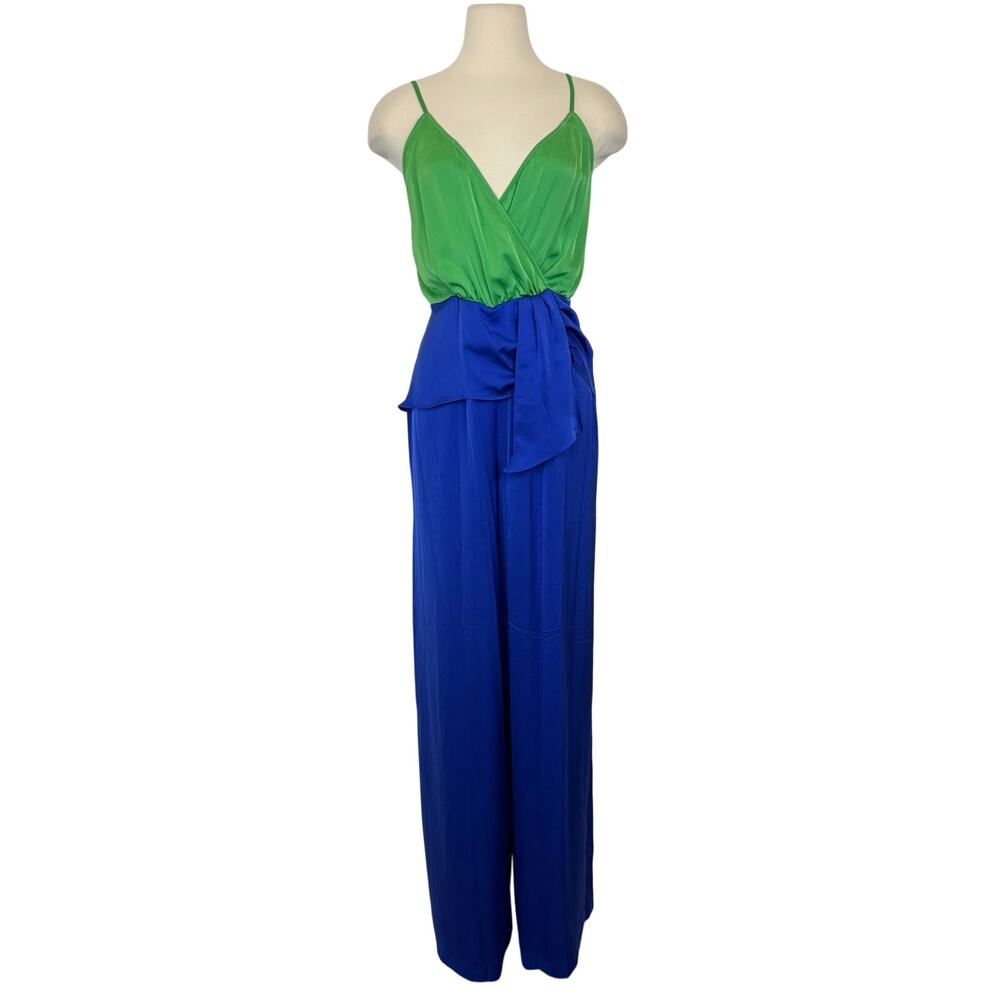 Ramy Brook Wide Leg Satin Jumpsuit Colorblock Royal Blue/Green L